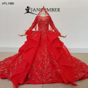 Robe de bal de luxe pour femmes, tenue musulmane, rouge, manches longues, avec des appliques, HTL1360