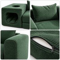 Canapé pour chat compressé Juniper Green en velours côtelé, avec housse zippée à ouverture circulaire, idéal pour la sieste, pour l'owner et le chat partageant le confort