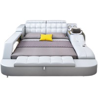 Lit double intelligent multifonctionnel moderne italien en cuir blanc personnalisé, avec rangement multi-zones et design incurvé, taille King Size, confortable