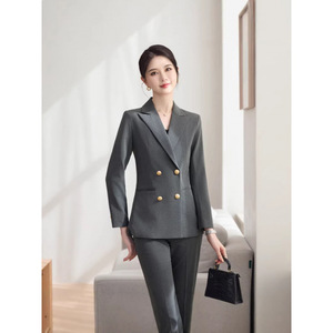 Women's Double Breasted Suit Set Full Sleeve Worsted Anti Wrinkle Office Lady Commute Style - Product Image 4