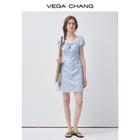 Robe mini VEGA CHANG bleu clair à broderie anglaise pour femme, col carré, manches bouffantes, nouée devant, coupe ajustée, robe décontractée