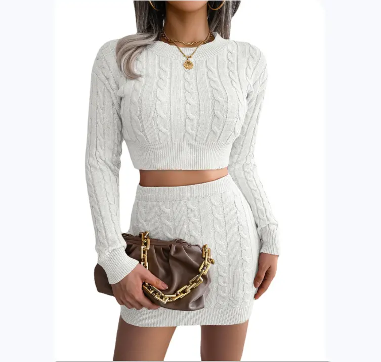 OEM Factory Custom Long Sleeve Women Autumn Winter Knit Sweater Short Skirt Two Piece Set