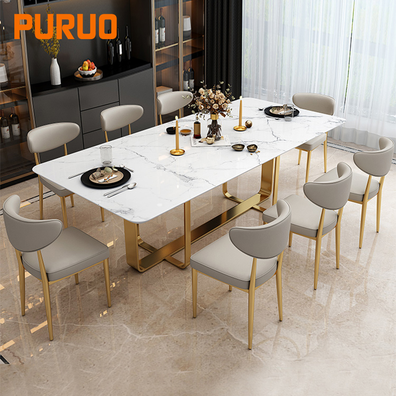 Роскошная банкетная мебель, обеденный стол из закаленного стекла с белым мраморным верхом и золотой рамой из нержавеющей стали