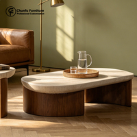 Table basse moderne de luxe extensible en forme organique, plateau en pierre, base en bois de noyer, mobilier de salon, table centrale minimaliste