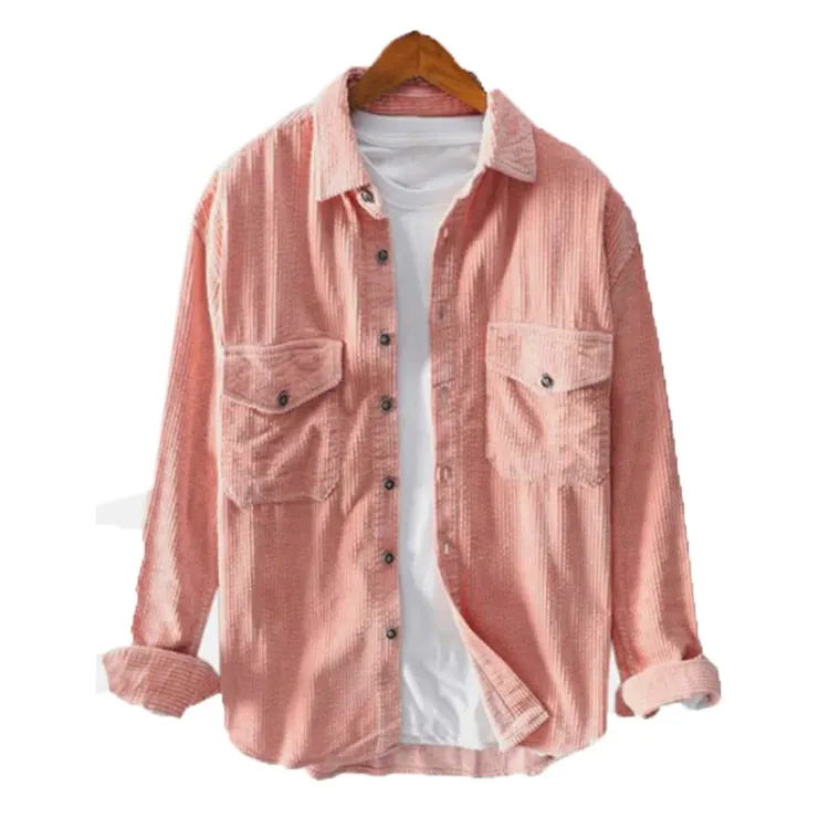 Kostuum Roze Corduroy Volledige Button Up Patch Pockets Borduren Cargo Lange Mouwen Werk Als Kleur Corporate Shirts Voor Mannen