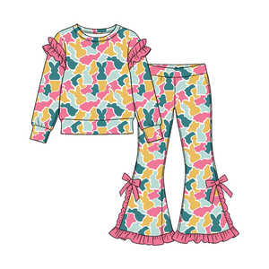 Conjunto de Ropa Casual Ecológica con Estampado de Camuflaje de Conejito de Pascua para Bebés Niñas, Top de Manga Corta con Volantes y Pantalones Acampanados - Product Image 3