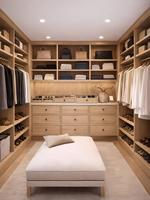 Système de dressing ouvert sur mesure en bois naturel avec grain de bois, éclairage LED intégré, rangements multiples, pour chambre principale de villa