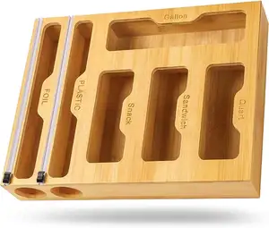 Eco Friendly Products 2023 Bamboo Ziplock Bag Storage Organizer Wood 6in 1 Kitchen Drawer Organizer Wrap Dispenser with Cutter