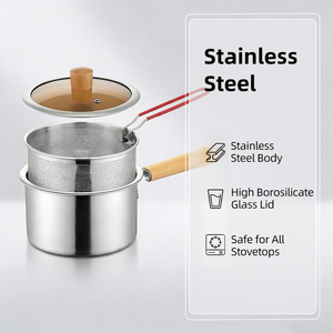 Casserole et poêle à frire en acier inoxydable FLEY, manche en bois avec <span class=keywords><strong>couvercle</strong></span> en verre, ustensiles de cuisine non revêtus, compatibles lave-vaisselle - Product Image 2