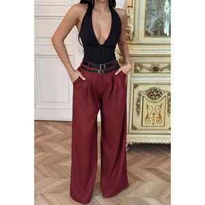 Pantalon de survêtement décontracté à jambes larges pour femme, double ceinture, taille mi-haute, respirant, couleur bordeaux délavée - Product Image 4