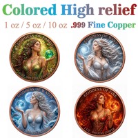 Pièce de monnaie en cuivre pur 999 de 1 oz, série Mythe des Quatre Éléments, déesse en relief 3D, couleur UV, édition collector colorée