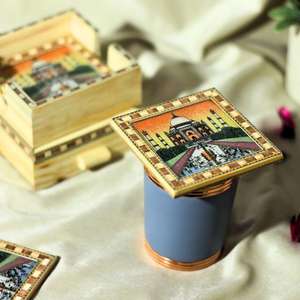 Juego de Posavasos de Madera con Cajón de Almacenamiento, Posavasos Artesanales con Diseño del Taj Mahal, Protección para Mesa, Decoración para el Hogar, Juego de Regalo - Product Image 3