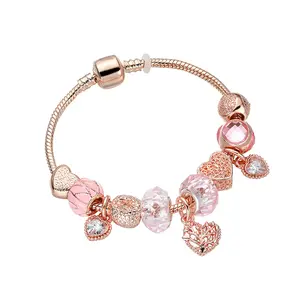 Charms pembe kristal boncuklar hayat ağacı kolye DIY bilezikler ve bilezik kadınlar gül altın Charm bilezik