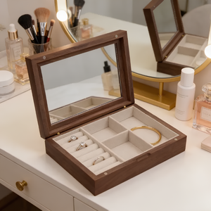 Elegant Vintage Walnut Rectangular Lined With <b>Mirror</b> Boutique Display Luxury Velvet Wood Jewelry Box - Product Image 3