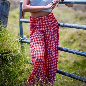 Pantalons amples à taille haute imprimés plage de luxe, fabrication OEM, pantalons décontractés en rayonne personnalisés - Product Image 5