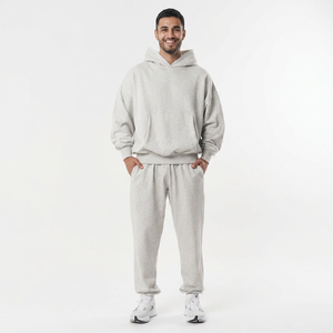 Ensemble de survêtement personnalisé coupe ample gris chiné léger en molleton de coton surdimensionné pour homme, sweat à capuche et jogging deux pièces - Product Image 1