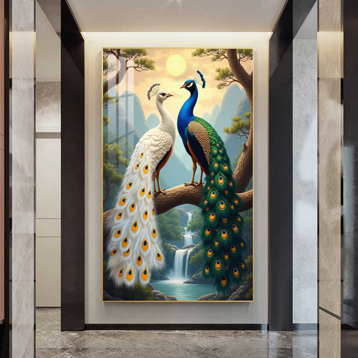 リビングルームの壁画垂直芸術の油絵玄関ホールのポーチ壁 掛け絵画（孔雀の絵） リビングルームの壁画垂直芸術の油絵玄関ホールのポーチ壁掛け