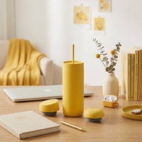 Tasse Thermique à Double Paroi 16oz Jaune en Acier Inoxydable 304 avec 3 Couvercles Différents Réutilisable pour Café, Thé, Boissons Froides Personnalisable Mignonne Quotidienne