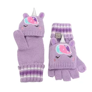 Açık mor çocuklar unicorn akrilik parmaksız eldiven örme mitten ile kapakları