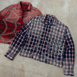 Kemeja Flanel Pria Lengan Panjang Motif Kotak-kotak, Jahitan Tangan Berhias Berlian Imitasi, Efek Vintage Distressed, Ukuran Oversize - Product Image 3