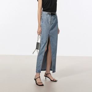 Jupe longue en jean bleu 100 % coton personnalisée pour femme, taille haute, fendue, style vintage délavé - Product Image 4