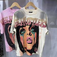 Camiseta de Hombre de Alta Calidad con Diseño de Agujeros, Manga Corta, Estampado de Chica Llorando, Estilo Urbano, LIFE HUSTLERS
