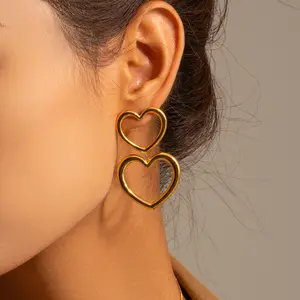 XIXI Wholesale 18K Gold Plated Tarnish Free Hollow Chunky Heart High Quality Women Stainless Steel Fashion Jewelry Earrings