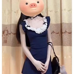 French Style Lace Patchwork Summer Dress Navy Blue Fitted Waist Flounce Collar Solid Color Daily Casual Dress - Product Image 2