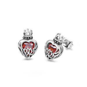 Heart <b>Crown</b> Stud Earrings With Red Gemstone Bezel Setting <b>Silver</b> Tone Fashion Jewelry For Women Gift CF120 - Product Image 1