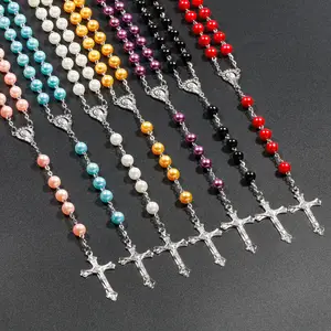 8mm Multi Color Round Bead Necklace Holy Cross Pendant Necklace with Silver Chain Vintage Religious Jewelry