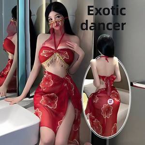 Ensemble de lingerie transparente exotique inspiré de Dunhuang, style danseuse, rouge et or, avec <span class=keywords><strong>bustier</strong></span> Hanfu, <span class=keywords><strong>voile</strong></span>, string, crop top et mini-jupe - Product Image 1