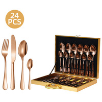 Ensemble de Couverts de Table de Luxe en Acier Inoxydable 1010, 24 Pièces pour l'International, Couteau à Steak, Fourchette, Cuillère, Plaqué Or, Cadeau