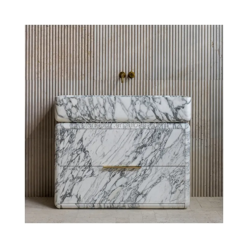 SHIHUI özel tasarım doğal taş mobilya carco Carrara beyaz mermer banyo lavabo lavabo Vanity çekmeceli dolap