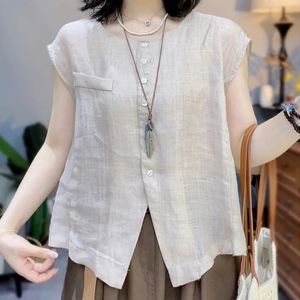 Women's Linen Sleeveless Vest Apricot Pink Gray Navy Blue Breathable Woven Round Neck Single Breasted Summer Top - Product Image 3