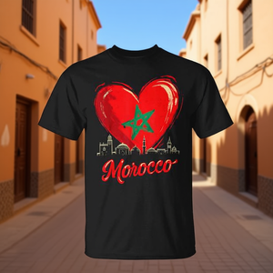Camiseta Negra con la Bandera de Marruecos en Forma de Corazón, Cuello Redondo, Manga Corta, Impresión Digital, Diseño Promocional para Hombre - Product Image 3