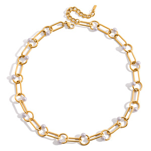 Collana di perle in <span class=keywords><strong>acciaio</strong></span> inossidabile oro per donna Catena chirurgica in <span class=keywords><strong>acciaio</strong></span> 316L con perle bianche distanziate eleganti gioielli quotidiani - Product Image 6