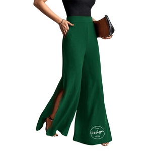 กางเกงเอวสูงสำหรับผู้หญิงกางเกงขาบานผ้าชีฟองสีทึบมีเส้นผ่าข้างไซส์ใหญ่พิเศษ - Product Image 5