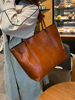 Tas Tote Kulit Asli Vintage Wanita Anti Maling dengan Ritsleting, Kapasitas Besar, Warna Solid, Tas Selempang Fashion Musim Panas