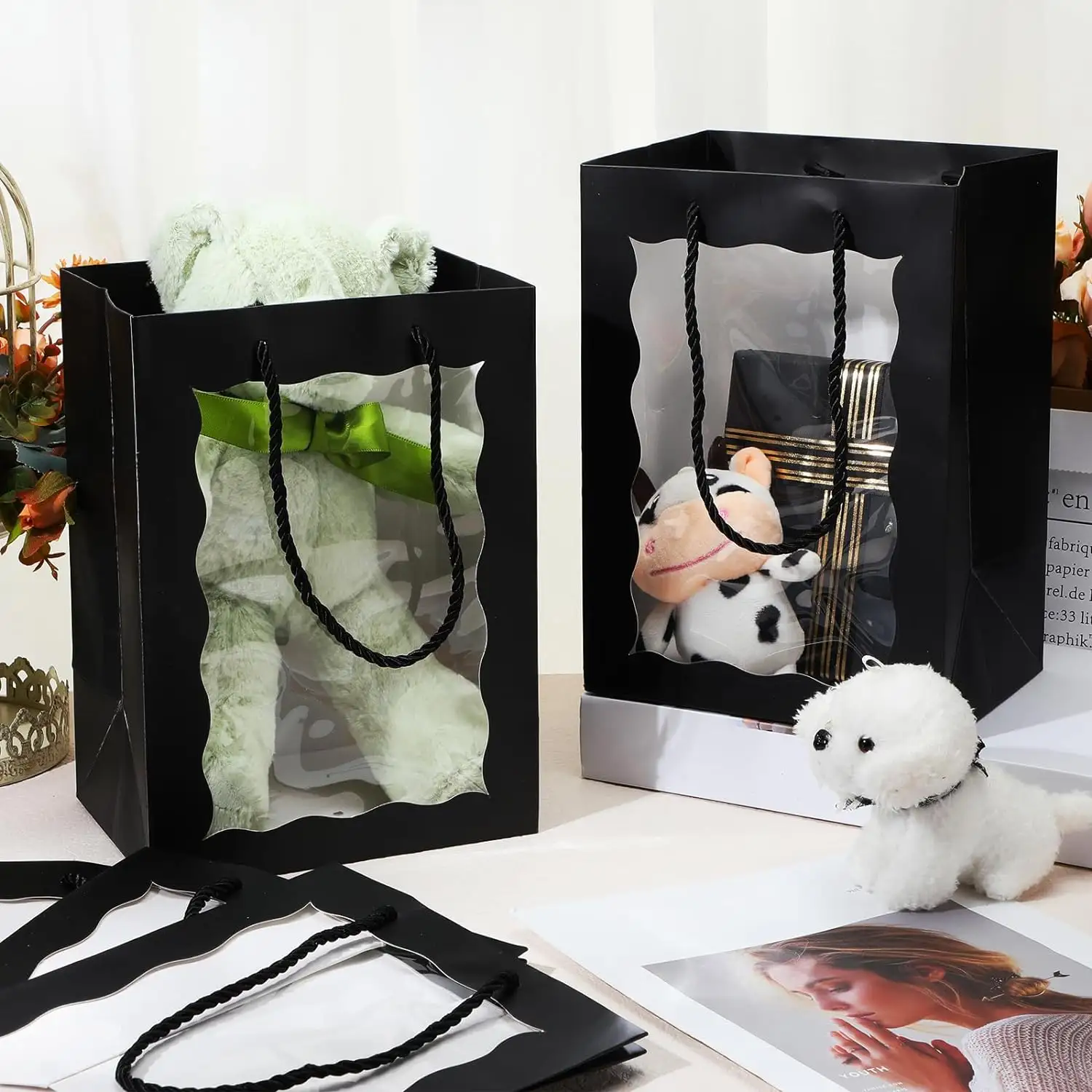 Букет цветов для покупок, Упаковка подарков для свадебного душа, праздничные принадлежности, Подарочная сумка из черной бумаги с прозрачным окном