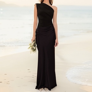 เดรสลำลองแฟชั่นผู้หญิงสีพื้นแบบคอเฉียง แขนกุด เปิดหลัง ทรงเข้ารูป - Product Image 2