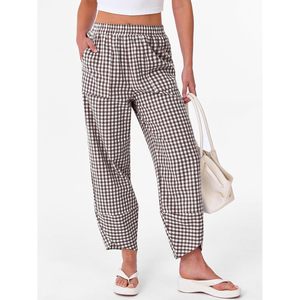 FOXA Womens Gingham Pants Wide Leg Cotton Plaid Pants With Pockets Casual Summer <b>Lounge</b> Wear - Product Image 2