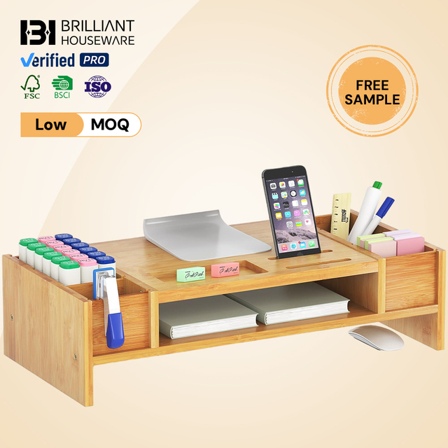 BH Large Bamboo Monitor Stand Riser for 49 Inch TV Screen Solid Wood Desktop Shelf for Multi-Monitor Setup