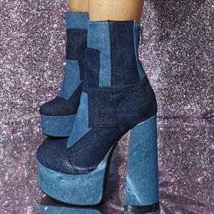 Bottines à plateforme pour femmes en denim patchwork, bout rond, fermeture éclair arrière, grande taille 47, talons hauts et épais - Product Image 4