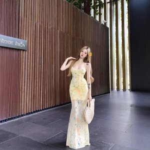 Women's Backless Halter Dress Pale Yellow Floral Print Bodycon Maxi Mermaid Skirt Stretch Chiffon Summer Resort Style - Product Image 3