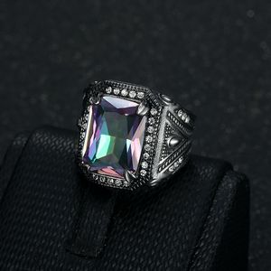 Yunnique Men's Geometric Cube Ring with Colorful Synthetic Gemstone Pave Setting Retro Steel Color Jewelry Gift - Product Image 2