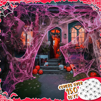 Toile d'araignée rose d'Halloween 20g avec 2 araignées noires, toile d'araignée artificielle extensible, décorations d'intérieur et d'extérieur pour fête, effrayantes et mignonnes, couleur pastel