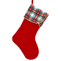 Chaussette de Noël en velours rouge à motif écossais avec bouton en bois pour décoration de cheminée et de fêtes