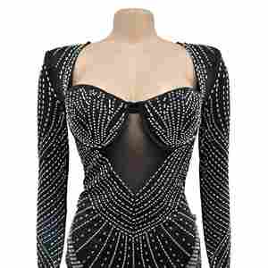 Vestido de Fiesta de Lujo de Marca Famosa con Bordado de Diseñador, de Gasa con Pedrería, Manga Larga, para Mujer - Product Image 6