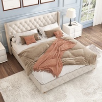Lit rembourré en lin beige 160*200 CM, lit de chambre moderne avec cadre métallique, tête de lit en treillis, rangement et capitonnage, pieds métalliques