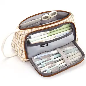 Kotak pensil kotak-kotak, tas penyimpanan pena stasioner, tas pensil Multi lapisan kapasitas besar tas penyimpanan kosmetik perjalanan